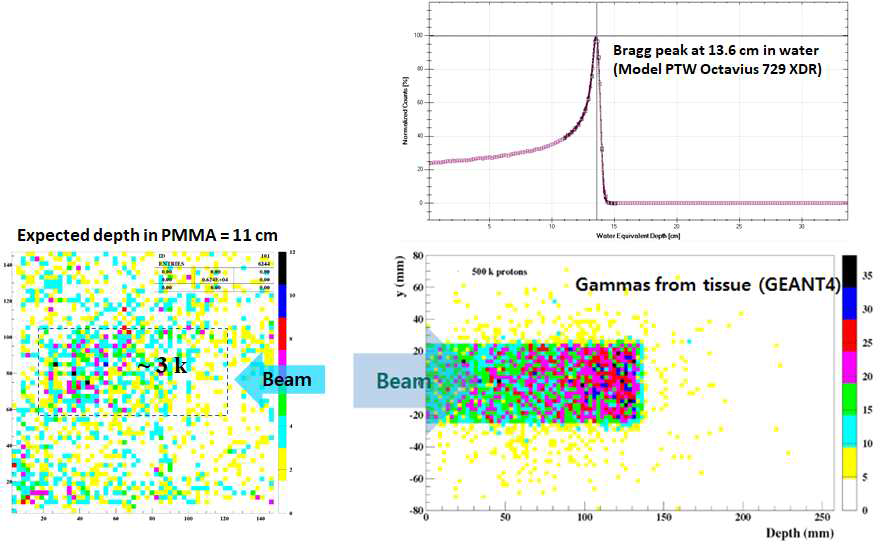 Case II setup에 대해서 양성자 유도 감마선을 측정한 영상(왼쪽)으로서 같은 setup에 대해서 빔 방향으로 이온검출기를 그림 15의 이용해서 beam depth 방향으로 측정한 데이터(오른쪽 위)와 GEANT4 program을 활용해서 모사한 simulation data와 비교한 결과(오른쪽 아래)