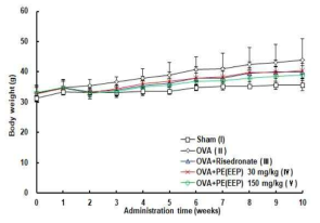 Effect of propolis extract or risedronate on the body weight change in OVA mice.