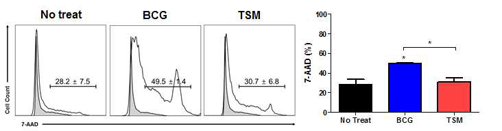 BCG 및 TSM의 안전성 평가 실험. 감염된 J774A.1 세포주에 7-AAD를 처리한 후, flow cytometry를 통해 cell viability를 측정한 결과. (Left panel) 각 균주가 세포에 미치는 영향을 비교한 raw data. (Right panel) Raw data를 그래프로 나타낸 결과. *, p < 0.05