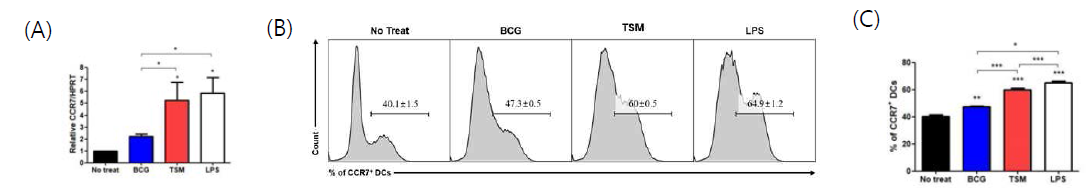 BCG 및 TSM 감염 시, DC 내 CCR7의 발현량을 qRT-PCR 및 FACS로 분석한 결과. (A) qRT-PCR 결과. (B and C) FACS 분석 결과. *, P < 0.05; **, P < 0.01; ***, P < 0.001
