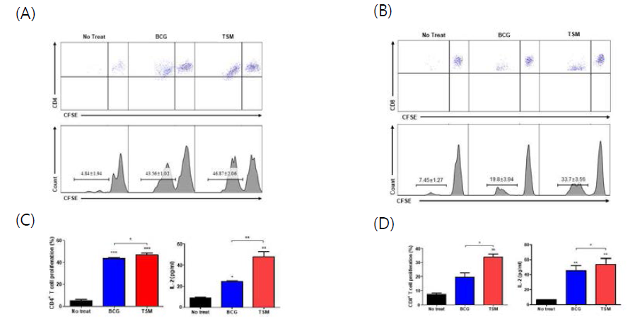 BCG 및 TSM에 감염된 DC에 의한 T cell proliferation 양상을 FACS로 분석한 결과. (A) CD4 T cell proliferation 결과. (B) CD8 T cell proliferation 결과. (C) 좌, CD4 T cell proliferation 결과를 도식화 한 그래프; 우, co-culture sup. 에서의 IL-2 ELISA 결과. (D) 좌, CD8 T cell proliferation 결과를 도식화 한 그래프; 우, co-culture sup. 에서의 IL-2 ELISA 결과. *, P < 0.05; **, P < 0.01; ***, P < 0.001