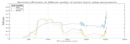스펙트로미터로부터 얻은 감자잎의 상태에 따른 분광그래프