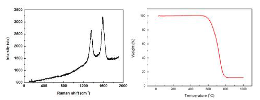 CNT/그래핀 하이브리드 필러의 Raman spectrum(좌) 및 TGA curve(우)