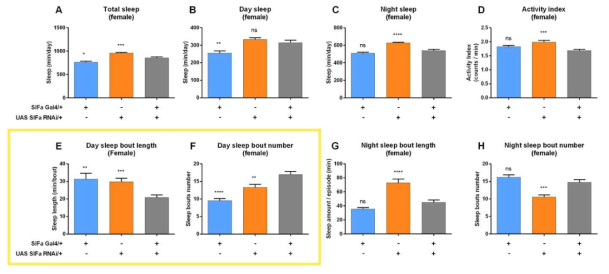 선행연구결과 *Total sleep: 총 수면량, Day sleep: 주간 수면량, Night sleep: 야간 수면량, Activity index: 깨어있을 때 활동 지수, Day sleep bout length: 주간 수면의 평균 길이, Day sleep bout number: 주간 수면 횟수, Night sleep bout length: 야간 수면의 평균 길이, Night sleep bout number: 야간 수면 횟수