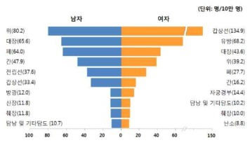 2013년 우리나라 국민의 성별 10대암의 조발생률