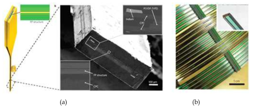 (a) Schematic of the fabrication process of an integrated piezoelectric Fabry–Perot (FP) rectangular fiber. (b) Two-dimensional device fabric constructed by knitting the piezoelectric/Fabry–Perot fibers as threads