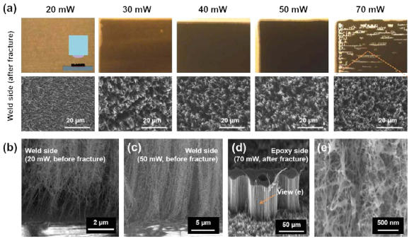 a) 용접 파워에 따른 접합력 테스트 후의 파단면 구조: 광학현미경 이미지(상), 전자현미경 이미지(하); b) 20mW 용접 후 (접합력 테스트에 의한 파괴 전) 탄소나노소재와 폴리머의 용접 계면의 전자현미경 이미지; 50mW 용접 후 (접합력 테스트에 의한 파괴 전) 탄소나노소재와 폴리머의 용접 계면의 전자현미경 이미지; d) 70mW 용접 샘플의 파단면의 45도 이미지; e) 이미지 (d)에서 화살표로 표시된 부분의 확대된 이미지 (증발되어 달라붙은 폴리머 물질이 관찰됨)