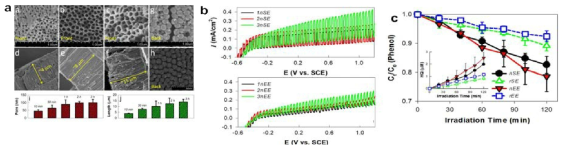 투명한 TiO2 nanotube array 광전극의 (a) SEM 사진과 1 차 양극산화 시간에 따른 pore size와 tube length, (b) 광활성 조사를 위한 전압에 따른 광전류 측정, (c) 페놀을 이용한 광전극의 reactive oxygen species 발생량 조사