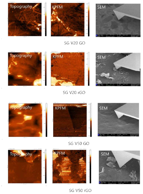 SG 시리즈에 대한 표면 및 KPFM, SEM 이미지
