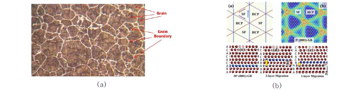 (a) 다결정성 철의 마이크로 구조 (microstructure of steel) (b) misifit dislocation network of on the (0001) GB in HCP Mg