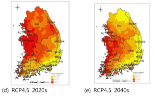 RCP 2.6과 RCP 4.5 시나리오에 따른 미래기간별 평균기온 분포 변화(℃)