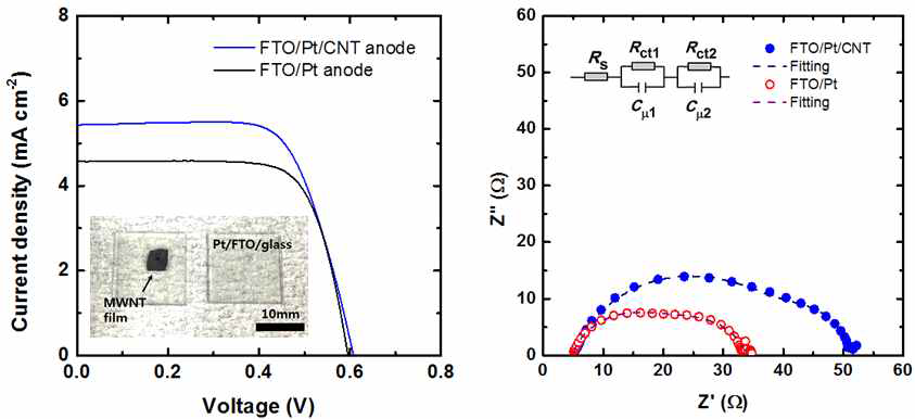 MWNT 박막적용 유무에 따른 DSSC의 전류-전압 곡선(왼쪽) 및 EIS 분석(오른쪽)