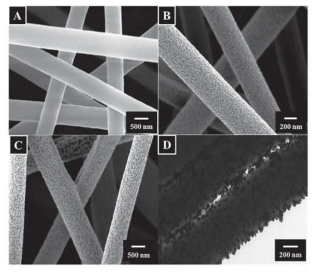 전기방사 된 (A) MADO nanofibers, (B) MADO-Fe3O4 nanofibers, 및 (C) MADO-Fe3O4-BTZ nanofibers의 FESEM 이미지; (D) MADO-Fe3O4-BTZ nanofibers의 TEM 이미지