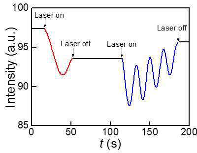 STO/LAO/STO 삼중접합 합성시에 in-situ로 측정되어진 RHEED pattern 중, 전반사된 specular beam 세기의 시간에 따른 세기 변화