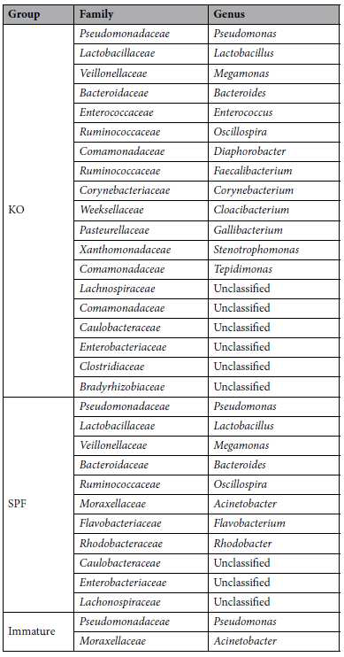 토종닭,SPF닭 그리고 미성숙SPF닭 그룹내의 core genera를 나타낸 표