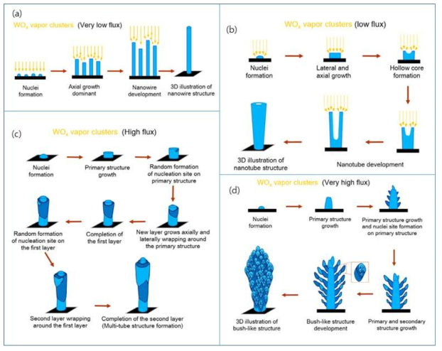 서로 다른 전구체 공급 속도(a : 2 μm/s, b: 5 μm/s, c: 10 μm/s, d: 25 μm/s)에서 성장시킨 나노구조 산화텅스텐 박막의 성장 매커니즘을 나타낸 개략도