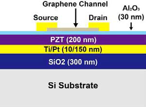 Semi-Dry Transfer 방법에 의해 Al2O3/PZT/Pt/SiO2/Si 기판 표면에 제작된 그래핀 FET 기반 강유전체 메모리 소자의 단면 구조 모식도