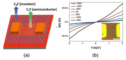 (a) 선택적 불소화를 통해 약간 불소화된 그래핀 채널(Semiconductor)과 완전 불소화된 주변 그래핀 (Insulator). (b) 소스-드레인 전압에 따른 채널 전류. 게이트 전압에 따라 채널 전도 특성이 변화됨을 알 수 있다