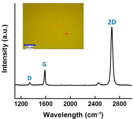 SiO2/Si 기판 위에 전사된 그래핀의 라만 스펙트럼. 삽입도는 광학 현미경 사진과 라만 스펙트럼 분석 위치