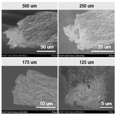 노즐 크기에 따른 습식방사로 제조한 그래핀산화물 액정섬유의 전자현미경 이미지
