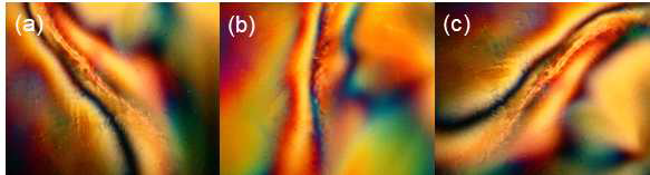작은 셀룰로오스 나노 결정의 편광 광학 현미경 사진. 왼쪽부터 0°, 45°, 90°