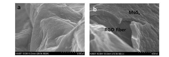 (a) MoSx를 30회 (b) 100회 전착한 그래핀산화물 액정섬유 표면의 SEM 이미지