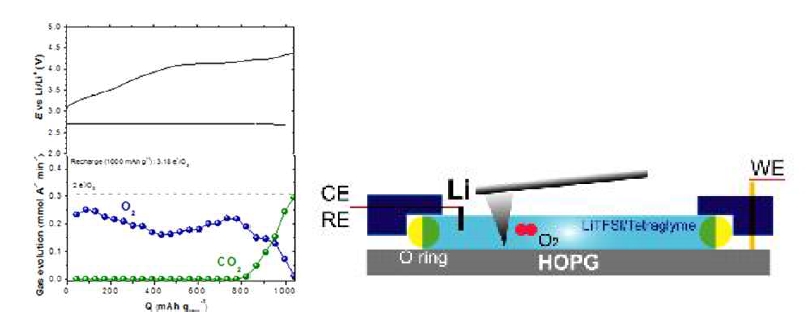(a) (왼쪽) 실시간 차동 전기화학 질량분석기 (DEMS)를 이용한 리튬-산소 전지 충전과정에서 실시간으로 관측되는 기체의 발생량 측정 (b) (오른쪽) 전기화학 원자힘 현미경 (EC-AFM)의 셀 구조 모식도
