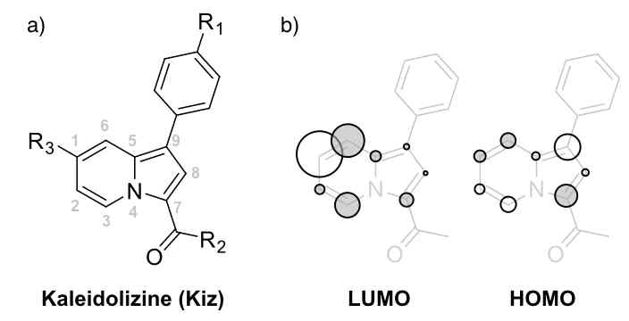 a) 신규 인돌리진 기반 신규 형광 중심 골격체 b)신규 구조의 분자오비탈 분석 (HOMO & LUMO)