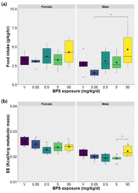 Food intake and energy expenditure on offspring (n = 30) fed with high fat diet. (a) Food intake in female (left) and male (right) for 3 mice by group, (b) Energy expenditure (EE) in female (left) and male (right) for 3 mice by group. Data on EE represent were normalized to the metabolic mass (lean mass + 0.2 fat mass) Even and Nadkarni 2012(). The asterisk (*) indicates a statistically significant difference between groups (p < 0.05)