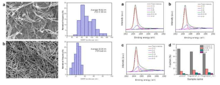 MOCW법으로 표면 개질된 SWNT의 SEM 사진, SWNT bundle size, 전이금속 비율에 따른 XPS와 정량분석