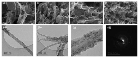 탄소나노튜브@TA@Fe 용액의 농도 1mg/ml (a,b) 와 10mg/ml (c,d) 로 만들어진 에어로겔의 SEM사진, 열처리 한 탄소나노튜브@TA@Fe 에어로겔의 TEM 사진과 SAED pattern 분석