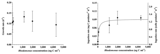 저서 와편모류 Thecadinium kofoidii가 은편모류 Rhodomonas salina를 섭식할 때 성장률과 섭식율 그래프
