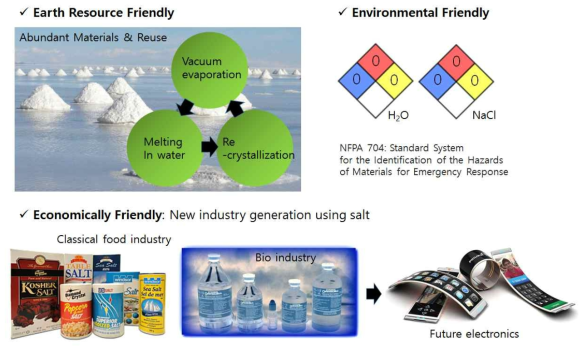 본 연구의 중요성, 창의성 및 도전성 요약. 본 연구는 미래의 과학기술이 지향하는 친환경, 에너지 및 자원 절약을 통한 지속 가능한 성장이라는 가치성이 있으며, 식품 및 의료용으로 제한적으로 사용되어 온 chloride 계통의 소금을 범용적 전자 산업에 적용하는 새로운 사업 분야를 개척하는 계기를 마련할 수 있음