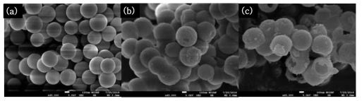 FE-SEM images of (a) SiO2 nanoparticles, (b) SiO2@ZrO2 and (c)ZrO2 hollow sphere(H-ZrO2)
