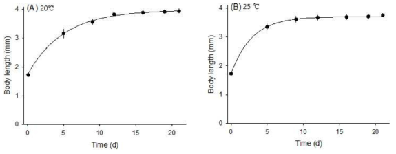 Simplified DEB 모델에 의해 예측된 최적 온도(20 ℃), 스트레스 온도(25 ℃)에서의 성장(점=관찰, 실선=예측)