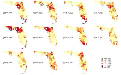Map with estimated relative risk as posterior means from the Poisson-ICAR model for 2000-2010 in Florida (Kim and Lim, 2016)