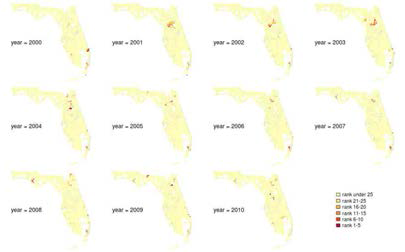 Map of the spatio-temporal CAR with AR(1) model by coloring highest 25 ranks of relative risk obtained from estimates minimizing WRSEL for 2000-2010 in Florida (Kim and Lim, 2016)