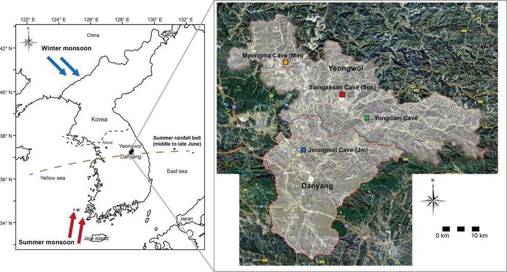 현장조사 및 동굴생성물 시료 채취가 이루어진 석회동굴의 위치 및 기후지리학적 주변 조건. 석순 시료를 확보한 강원도 영월군 명마굴, 삼각산수직굴, 용담굴, 충청북도 단양군 중말수직굴