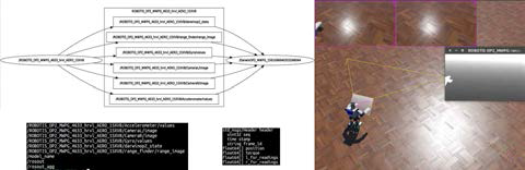 구현된 시뮬레이터 환경의 ROS연결 구조 및 실제 시뮬레이터 모습 (좌상: Node 연결구조, 좌하: 발행된 Topic List와 추가로 구성된 Message, 우측: 시뮬레이션 화면: stereo vision+depth sensor)
