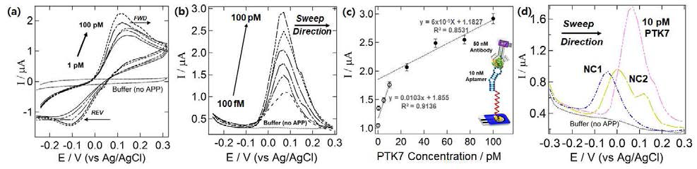 PTK7 농도변화에 따른 전기화학적 신호를 측정한 (a) 순환전압전류법,(b) 시차펄스전위법 데이터,(c) PTK7 농도 증가에 따른 전류값 변화 그래프, (d) NC 비교데이터