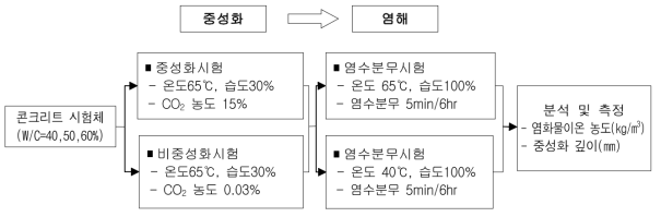 중성화된 콘크리트의 염분침투시험 모식도