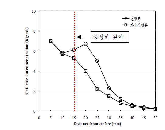 염해·중성화 복합열화시험 80주 후 염화물이온농도