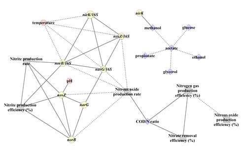 핵심인자, 탈질 효율, 기능성 유전자간의 네트워크 분석 결과. 직선은 (+) 상관관계, 점선은 (-) 상관관계를 나타냄