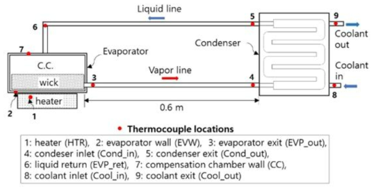 Experimental setup and thermocouple locations for the loop heat pipe