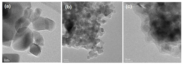 TEM images of (a) TiO2(P25), (b) TiO2 (TS), © TiO2/CNT photocatalysts