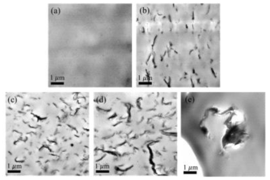 알킬화 된 산화 그래핀/PLA 복합체의 투과전자현미경 사진 (a) Neat PLA and PLA/AGO (b) 0.5 wt.%, (c) 1.0 wt.%, (d) 2.0 wt.% and (e) PLA/GO 1wt.%