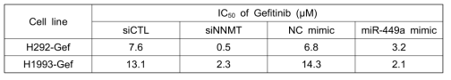 siNNMT 및 miR-449a mimic 처리에 따른 gefitinib의 암세포 성장 저해 효능 변화