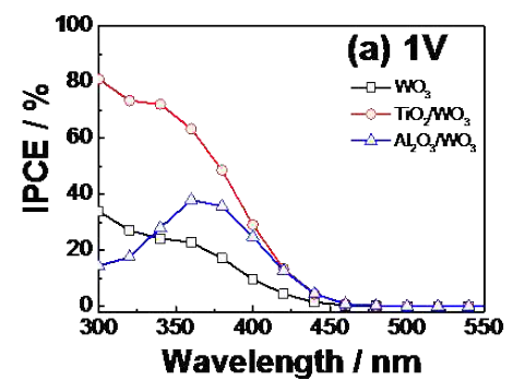 1V bias 전압을 걸어주었을 때의 IPCE 스펙트럼. 이때의 각각 5nm의 표면개질막을 도입하였을 때의 상대적인 그래프이다