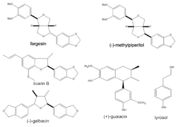 신이 n-hexane 분획물로부터 분리된 화합물 1-6의 구조