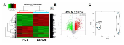 정상인과 ESRD환자의 단핵구에서의 microarray 분석. A, Heatmap. B, volcano plot. C, PCA